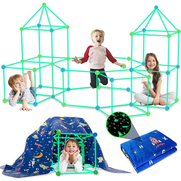 160PCS Kids Fort Building Kit Glow in the Dark w/ Blanket, STEM Educational Toys